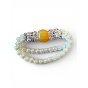 Double Strand Faux Pearl Stretch Bracelet Crystal Rhinestone Statement‎